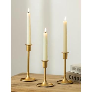 Imagem de Romadedi Castiçais dourados - Conjunto de 3 castiçais cônicos para mesa de casamento, centro de mesa, decoração festiva de cornija de Natal, decoração de casa