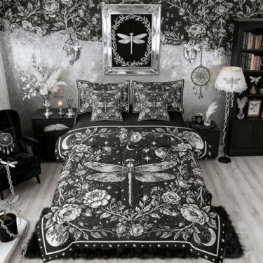 Imagem de Erosebridal Jogo de cama gótico casal e edredom | Jogo de cama de 7 peças de libélula rústica estética animal em uma bolsa, besouros galáxia, vintage, floral, decoração gótica preta