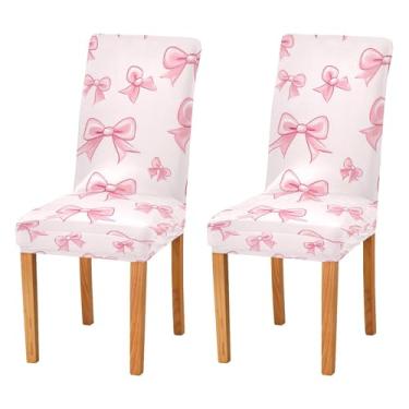 Imagem de SEHANY Conjunto de 4 capas de cadeira com laço de bolinhas rosa para sala de jantar, elástico, removível e lavável, para cozinha, hotel, festa, Natal