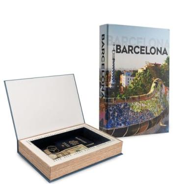 Imagem de Velenza Livro decorativo Barcelona com armazenamento – Livros falsos para decoração com compartimento oculto forrado de veludo para lembranças – Livros de decoração falsos elegantes e funcionais (30,5