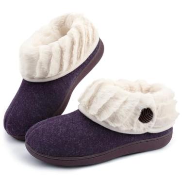 Imagem de Wishcotton Pantufas femininas aconchegantes de lã com espuma viscoelástica para uso interno e externo com gola de pele sintética felpuda, Roxa, 37