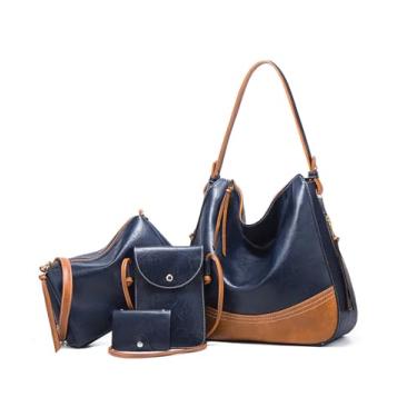 Imagem de myfriday Conjunto de 4 bolsas de ombro grandes Hobo para mulheres, bolsa de mão de couro sintético com bolsas transversais modernas e bolsa pequena para cartão, Azul escuro