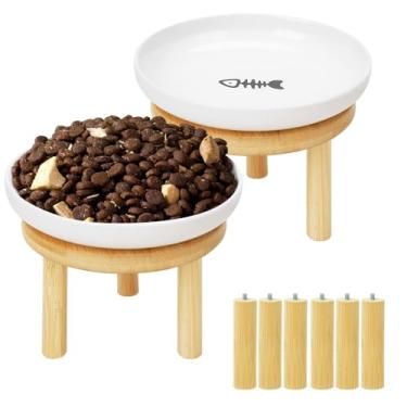 Imagem de Tigelas rasas elevadas para gatos com suporte de bambu, 14 cm de largura, compatível com batedor de pratos para gatos, 2 pacotes de comida e água para animais de estimação
