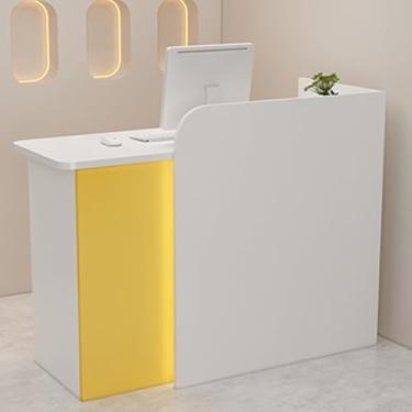 Imagem de Mesa de recepção amarela moderna com gaveta trancável para loja de varejo - balcão de caixa Simplicity de 99,8 cm com ilhós de cabo