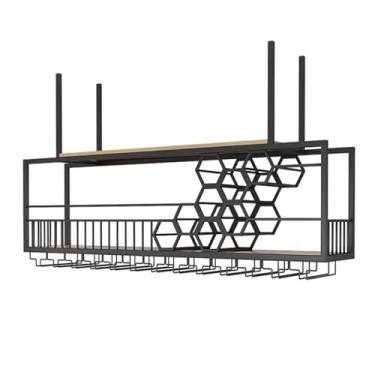 Imagem de Rack de teto para copos de vinho, prateleira flutuante de bar industrial, rack de vinho suspenso com suporte de vidro, prateleira de exibição de garrafa de licor, rack de vinho montado na parede, rack
