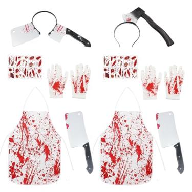 Imagem de kuchisity Conjunto de 2 conjuntos de fantasia de açougueiro de Halloween, luvas de avental de chefe de cozinha, faca falsa, faixa de cabeça com adesivo de tatuagem, cosplay de Halloween, fantasia de