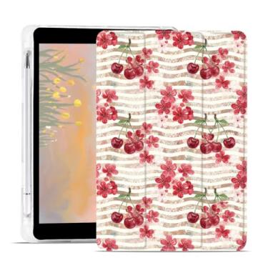 Imagem de AdorableWhimsy Capa vintage cerejeira para iPad 9ª/7ª/8ª geração (2021/2020/2019 10,2 polegadas) linda capa protetora de couro com suporte de três dobras com suporte para lápis