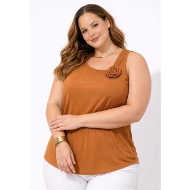 Imagem de Regata Plus Size Canelada com Flor 3D e Gola Assimétrica Cor:CarameloT