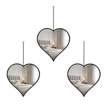 Imagem de 3un Espelho de Parede Coração pendurar Preto 25cm luxo - Wellmix