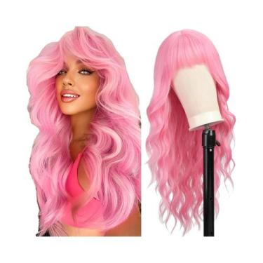 Imagem de Peruca Sintética Longa Ondulada Rosa De 26 Polegadas Para Festas De Fi