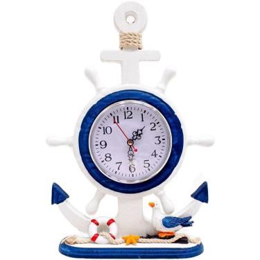 Imagem de Relógio de Mesa Relógio Decorativo Mesa Marítimo Âncora Timão Náutico 34cm Estilo Náutico Retrô Azul
