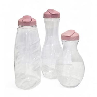 Imagem de Kit 3 Garrafas Jarra Formatos Diferentes para Suco e Água Plástico Resistente Uso Diário Rosa Cristal