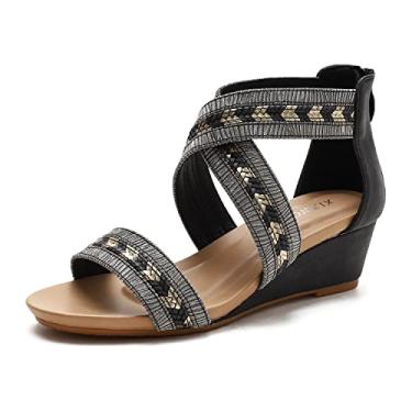 Imagem de Sandália feminina anabela minimalista cruzada tira no tornozelo sapatos romanos zíper nas costas casual verão, 1 preto, 39 BR