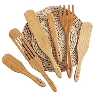 Imagem de ZZQ Conjunto de espirais de bambu, 6 colheres de cozinha de madeira, utensílios de cozinha para panelas antiaderentes, assar, esmagar, escavar, espalhar, mexer salada, fazer bolo e bife frito, servir e mais