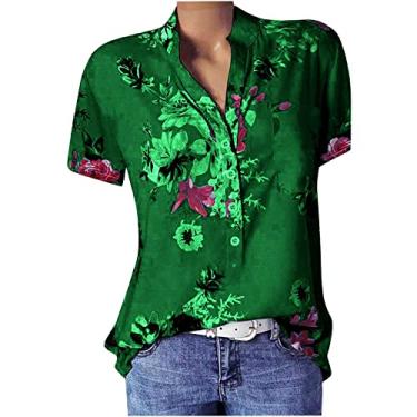 Imagem de Camiseta feminina verão manga curta botão gola V túnica blusa solta estampada camiseta gráfica com bolso Camiseta havaiano Pescoço Casual 2023 baixa curto Top flor floral K60-Verde 3X-Large