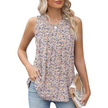 Imagem de TCOT Camiseta regata feminina sem mangas, casual, folgada, rodada, plissada, frente única, blusa, Rosa floral, GG