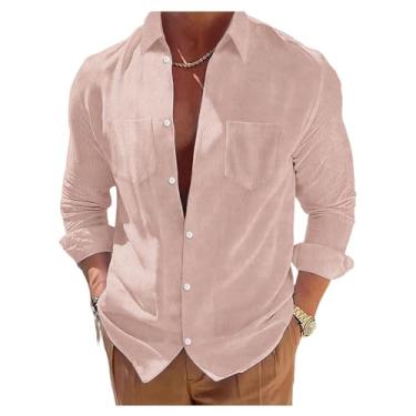 Imagem de Camisas casuais masculinas de veludo cotelê manga comprida com bolso abotoado lapela gola camisetas de negócios, Rosa, XXG
