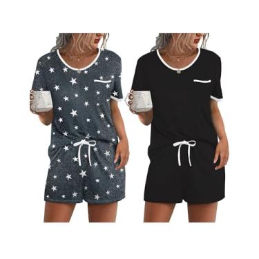 Imagem de Ekouaer Conjunto de pijama feminino, 2 peças, conjunto de pijama macio, bolso no peito, Pacote com 2: estrela cinza escuro/preto, M