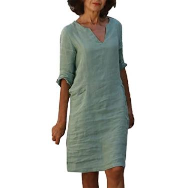 Imagem de Lainuyoah Vestido de verão plus size feminino comprimento até o joelho vestido camisa de praia 2024 casual mini linho moderno vestido casual gola V boho, C - verde menta, G
