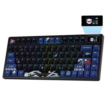 Imagem de Teclado mecânico para jogos 75% com visor colorido, teclado trimodo/2,4 GHz/Bluetooth sem fio, teclado personalizado RGB de montagem em junta, estabilizador pré-lubrificado para Mac/Win, tema Kanagawa