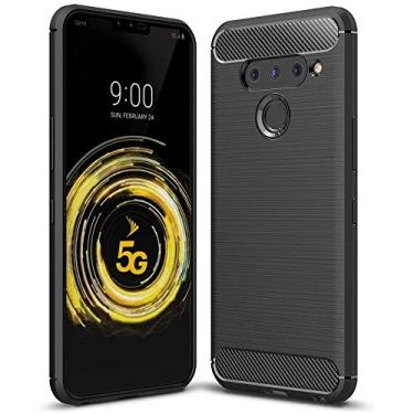 Imagem de GTElectro Capa para LG V50 ThinQ 5G, capa protetora com design de fibra de carbono TPU escovado macio e durável, proteção à prova de choque, capa flexível para LG V50 ThinQ 5G (preto)