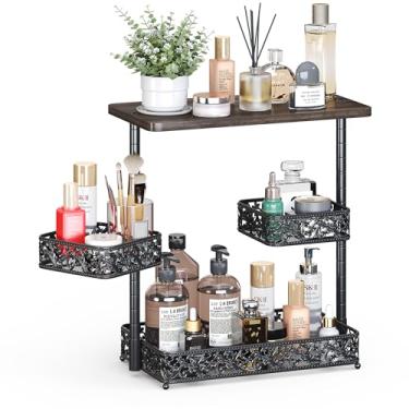 Imagem de Bancada organizadora de 3 camadas, bancada organizadora de pia de banheiro com duas cestas giratórias de metal de 360° para banheiro, cozinha, cômoda, quarto, escritório, suporte para especiarias,