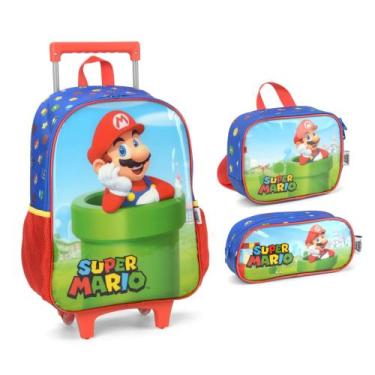 Imagem de Kit Mochila Escolar Rodinhas + Lancheira + Estojo Super Mário - luxcel