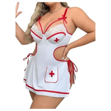Imagem de WDIRARA Conjunto de lingerie feminina plus size 3 peças Babydoll de enfermeira, fantasia de dramatização, laço lateral com recorte de renda, laço branco, XX-Grande