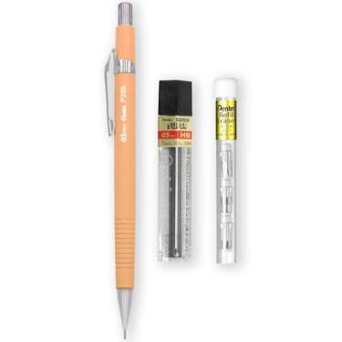 Imagem de Pentel Lapiseira automática P205-97C – linha floral pastel – única + 12 pontas de refil HB de alta polímero de 0,5 mm + tubo de refil de borracha Z2-1N com 4 (laranja pastel)