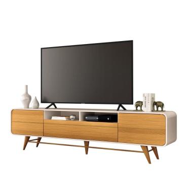 Imagem de Rack Bancada Sala Estar TV Até 85 Polegadas 3 Portas Pés de Madeira Maciça Época