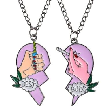 Imagem de ellifam Best Buds Colar de pedras daninhas, formato de meio coração partido, combinando Bff para 2 Friendship 420, maconha, Besties Love BFF Forever, Y2K, colar moderno e legal, conjunto de 2, Zinco,