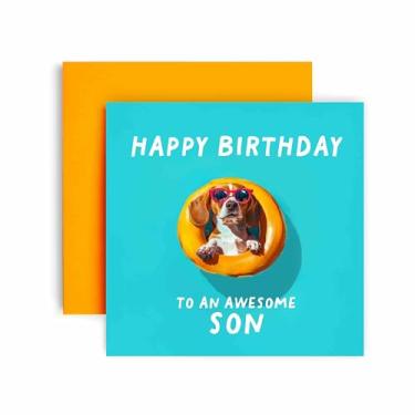 Imagem de Huxters Cartão de feliz aniversário engraçado filho - Cartão de presente incrível cachorro na piscina para ele cartão para filho - 14,8 cm (filho)
