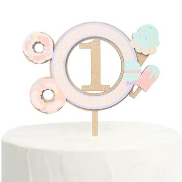 Imagem de First Birthday Donut Cake Topper，Baby's 1st Birthday Ice Cream Smash Cake Decorations, Sweet One Party Cake Topper, Donut-Themed Celebration Decor For Unforgettable Milestones，Wooden Donut Cake Topper