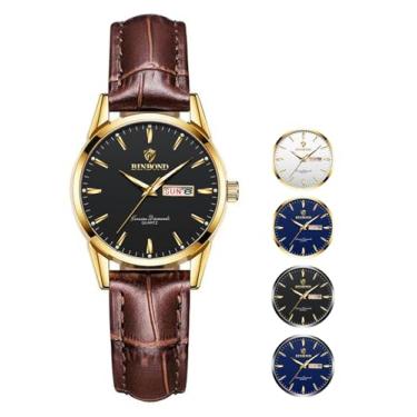 Imagem de BINBOND Relógio feminino de couro marrom elegante vestido de luxo feminino pequeno relógios de pulso para encontros diurnos à prova d'água luminoso, Mostrador preto de couro marrom, relógios femininos