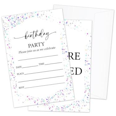 Imagem de AWDSTN Convites de festa de aniversário geométricos confetes com envelopes, convites de festa de aniversário de pontos coloridos, 20 conjuntos de suprimentos e lembrancinhas de festa de aniversário