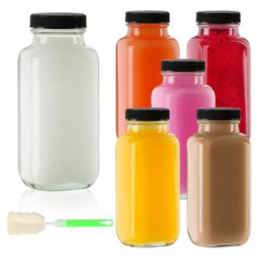 Imagem de SZUAH Garrafas de suco de vidro de 236 ml com tampas, pacote com 6, garrafa de água reutilizável, garrafas de suco para vitaminas, leite, armazenamento, pequenas e portáteis (240 ml, conjunto de 6)