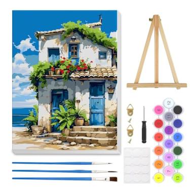 Imagem de HEIBAGO Kit de pintura de casa por números para adultos com cavalete de madeira em tela emoldurada, pintura à beira-mar por números para adultos iniciantes, kits de pintura a óleo acrílica faça você