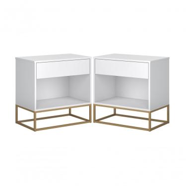 Imagem de 2 Mesas De Cabeceira Industrial Gaveta Nicho Branco 45cm Com Pés De Ferro Dourado