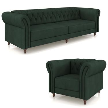Imagem de Conjunto 1 Sofá Living 260cm E 1 Poltrona Stanford Chesterfield Pés Madeira Couro Verde G58 Gran Belo