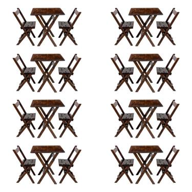 Imagem de Kit 8 Conjuntos Mesa Dobrável Para Bar E Restaurante 60x60cm Com 2 Cadeiras Em Madeira Maciça - Imbu - Marrom
