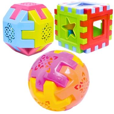 Imagem de Kit 3 Brinquedos Para Bebês Menino Menina Educativos Esferas e Cubo Didático Encaixar Colorido