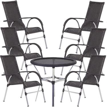 Imagem de 6 Cadeiras Alumínio E Mesa Tampo Varanda Jardim Piscina Preto