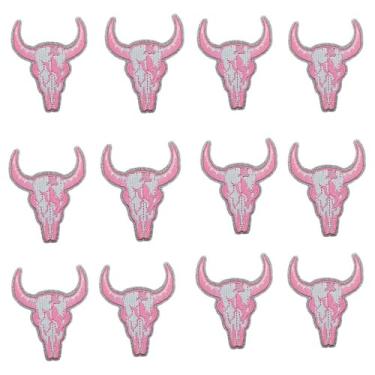 Imagem de Emblema de caveira de touro bordado caubói ocidental aplique bordado cabeça de boi remendo bordado para roupas, mochila, bolsa, camiseta, chapéu, coletes, jaquetas, pacote com 12 (rosa)