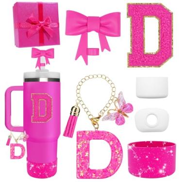 Imagem de Miglaja Acessórios pretos para copos Stanley 850.5 g 1,134.0 g, todos os acessórios caixa de presente contêm topo de palha de flor, bota de silicone, adesivos de letras e pingentes, conjunto de tampa