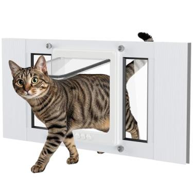 Imagem de SAKSUN Porta de gato para janela à prova de intempéries: moldura de alumínio com aba para animais de estimação inserção de janela de ajuste rápido - fácil ajustável para caber em janelas largura 58 cm