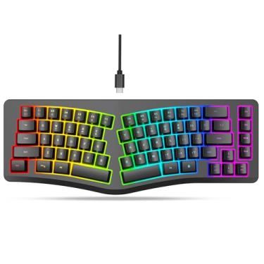 Imagem de HXMJ - Teclado ergonômico para jogos com fio, sensação mecânica, cabo USB destacável, 69 teclas, retroiluminado RGB - preto