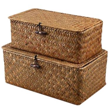 Imagem de Cesta de armazenamento de 2 peças com tampa, 25 x 15 x 10 cm e 22 x 12 x 7 cm, cestas de armazenamento de algas marinhas com trava de madeira para armazenar decoração com tampa