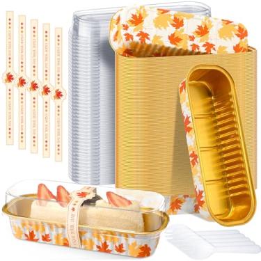 Imagem de Tioncy 50 peças de mini formas de pão rosa com tema de outono com tampas, colheres, adesivo, folha de bordo, 193 g, retangular, folha de alumínio, formas de assar muffins, copos de cupcake para