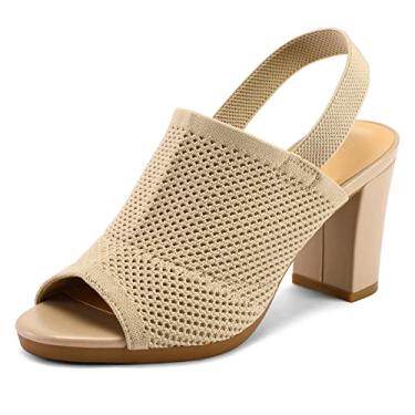 Imagem de mysoft Sandálias femininas de salto alto de tricô grosso, elástico, bico aberto, 7,6 cm, Nude., 8.5 Wide