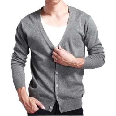 Imagem de Ehaioo Primavera Outono Masculino V-nec Cardigan Suéter Slim Cintura Fina Casaco De Lã, Gray, XL